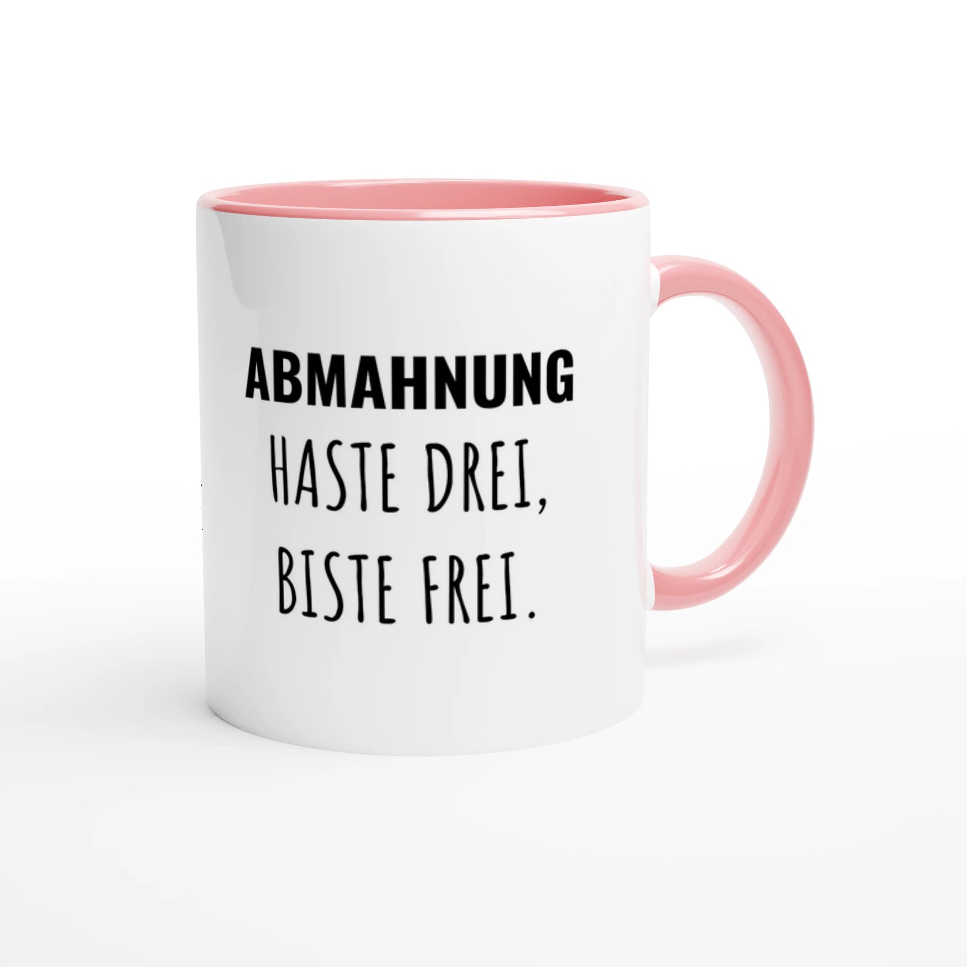 Zweifarbige Keramiktasse 325 ml mit Aufdruck "Abmahnung haste drei, biste frei" in Rosa – Schreibtischtasse von Vollzeitfrust

