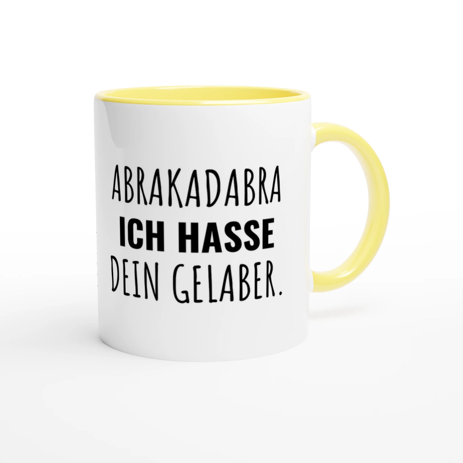 Zweifarbige Keramiktasse 325 ml mit Aufdruck "Abrakadabra. Ich hasse dein Gelaber" in Gelb – Schreibtischtasse von Vollzeitfrust
