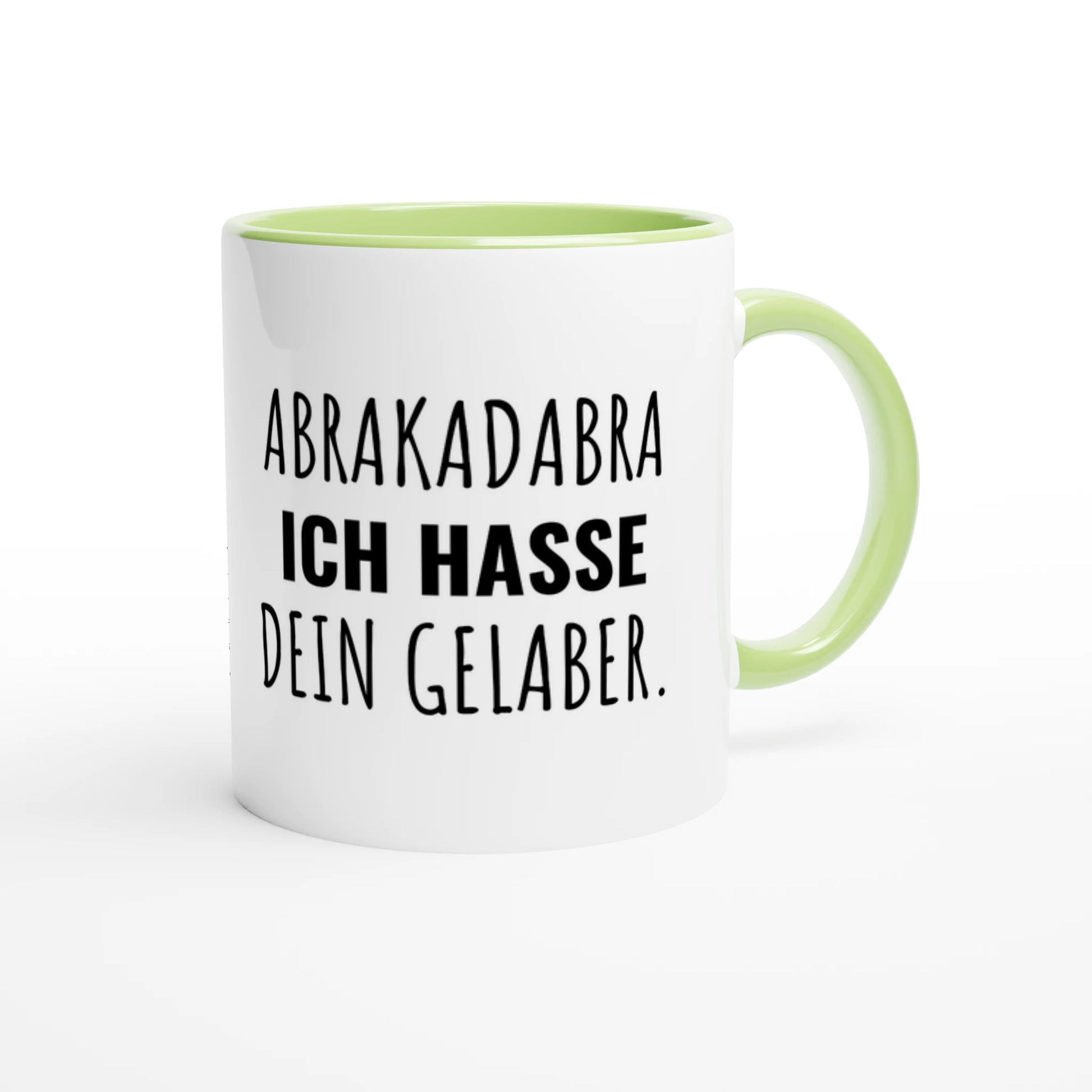 Zweifarbige Keramiktasse 325 ml mit Aufdruck "Abrakadabra. Ich hasse dein Gelaber" in Grün – Schreibtischtasse von Vollzeitfrust
