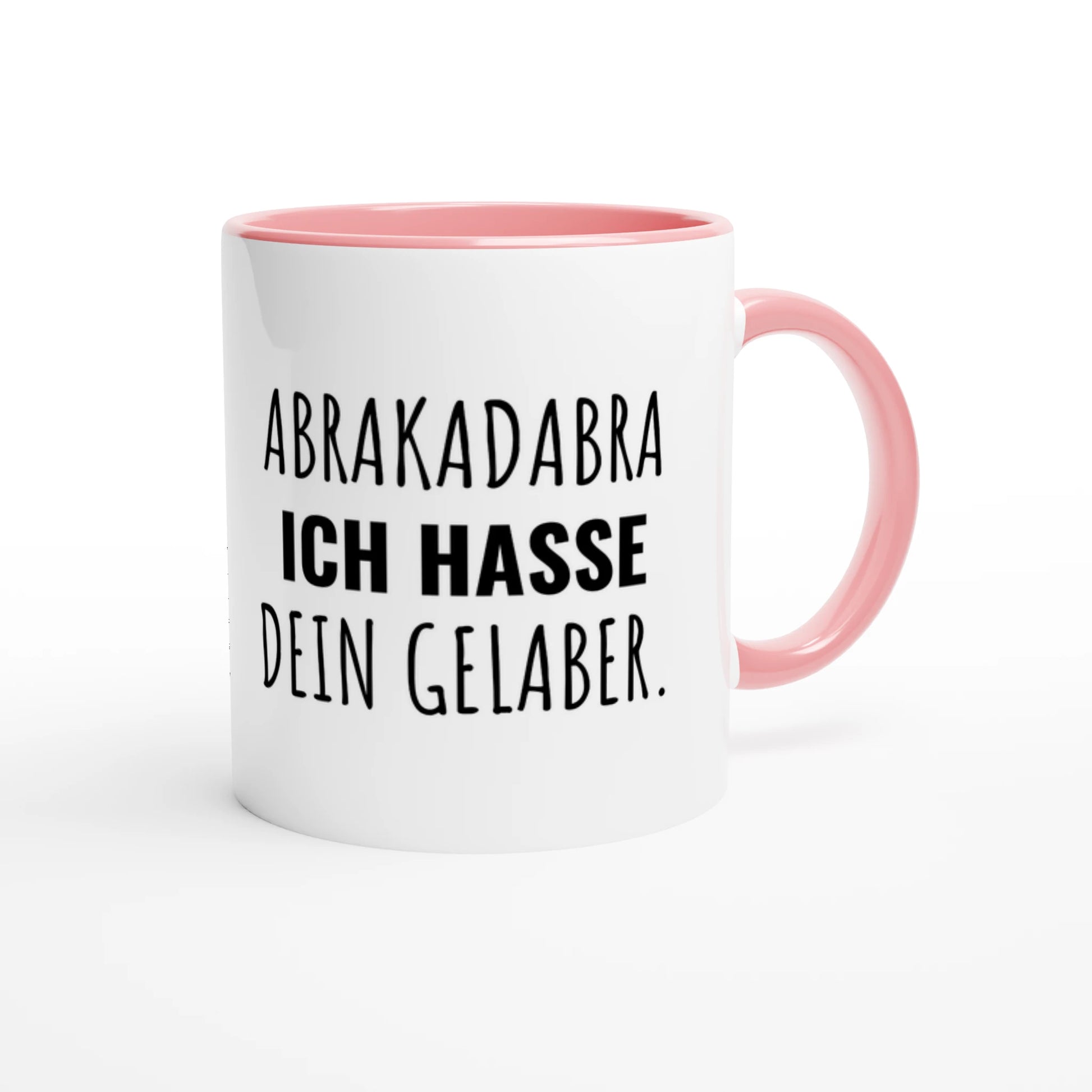 Zweifarbige Keramiktasse 325 ml mit Aufdruck "Abrakadabra. Ich hasse dein Gelaber" in Rosa – Schreibtischtasse von Vollzeitfrust

