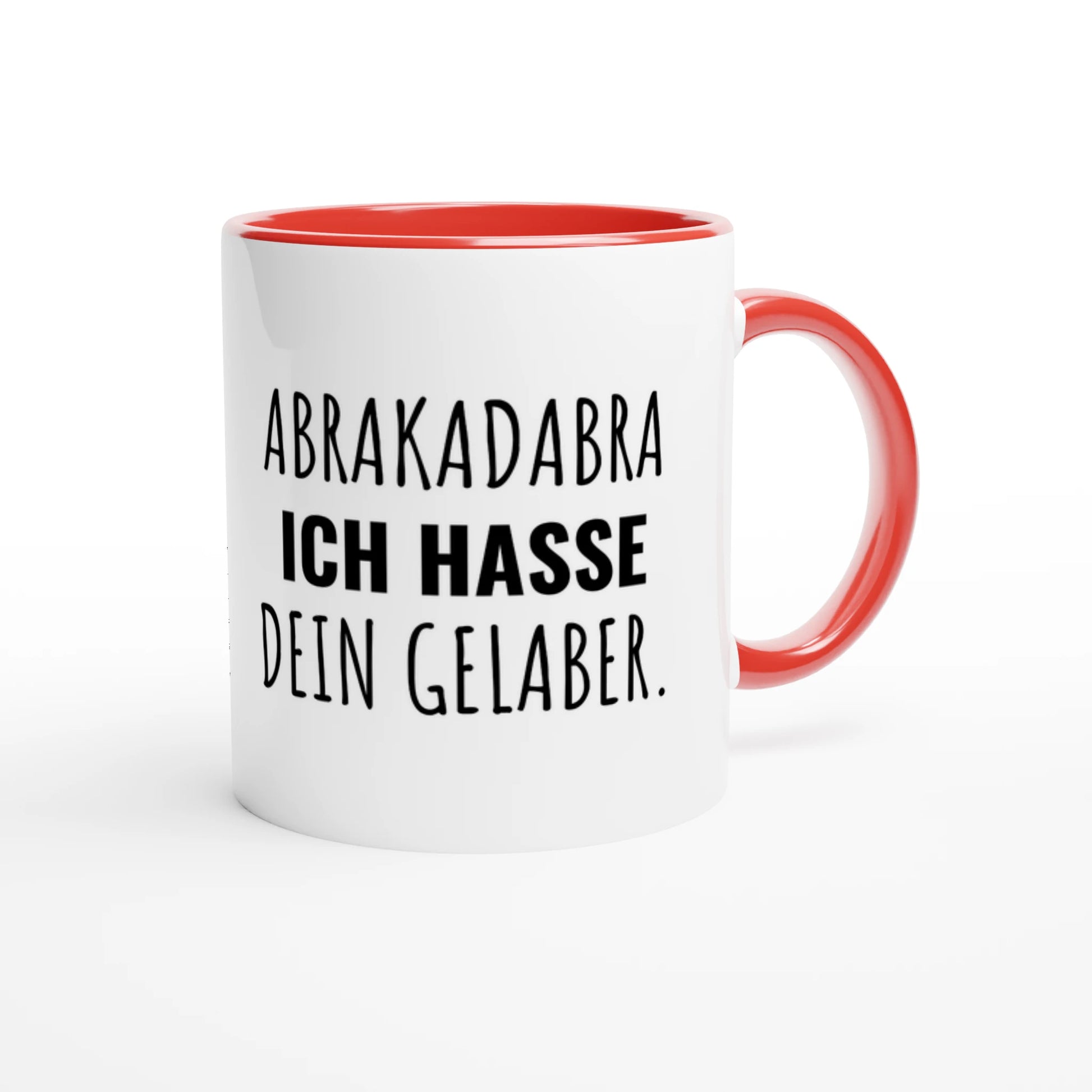 Zweifarbige Keramiktasse 325 ml mit Aufdruck "Abrakadabra. Ich hasse dein Gelaber" in Rot – Schreibtischtasse von Vollzeitfrust

