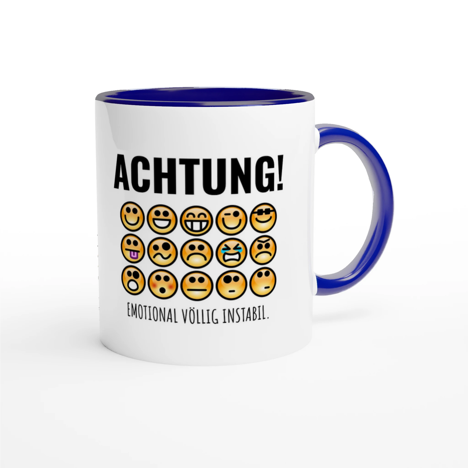 Zweifarbige Keramiktasse 325 ml mit Aufdruck "Achtung! Emotional völlig instabil" in Blau – Schreibtischtasse von Vollzeitfrust
