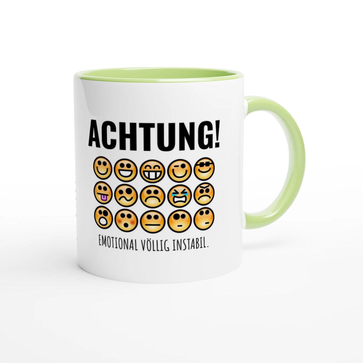 Zweifarbige Keramiktasse 325 ml mit Aufdruck "Achtung! Emotional völlig instabil" in Grün – Schreibtischtasse von Vollzeitfrust
