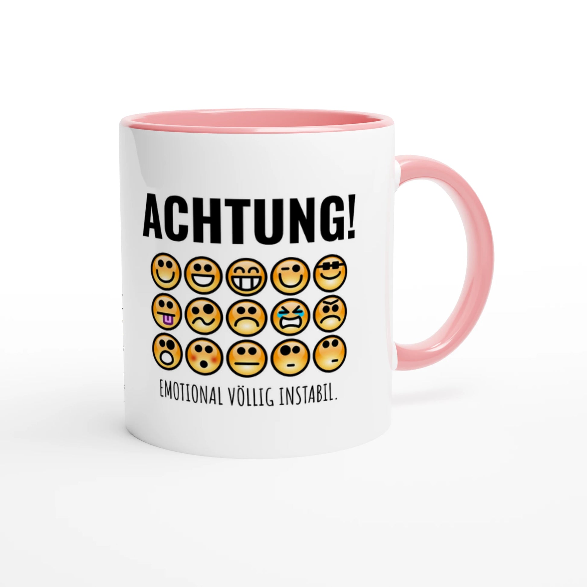 Zweifarbige Keramiktasse 325 ml mit Aufdruck "Achtung! Emotional völlig instabil" in Rosa – Schreibtischtasse von Vollzeitfrust
