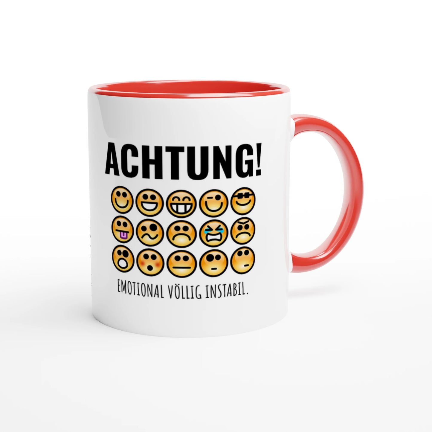 Zweifarbige Keramiktasse 325 ml mit Aufdruck "Achtung! Emotional völlig instabil" in Rot – Schreibtischtasse von Vollzeitfrust
