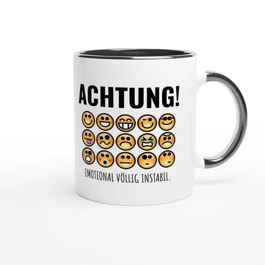 Zweifarbige Keramiktasse 325 ml mit Aufdruck "Achtung! Emotional völlig instabil" in Schwarz – Schreibtischtasse von Vollzeitfrust
