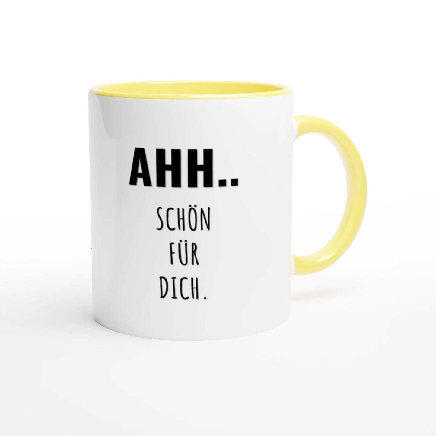 Zweifarbige Keramiktasse 325 ml mit Aufdruck "Ahh.. Schön für dich" in Gelb – Schreibtischtasse von Vollzeitfrust
