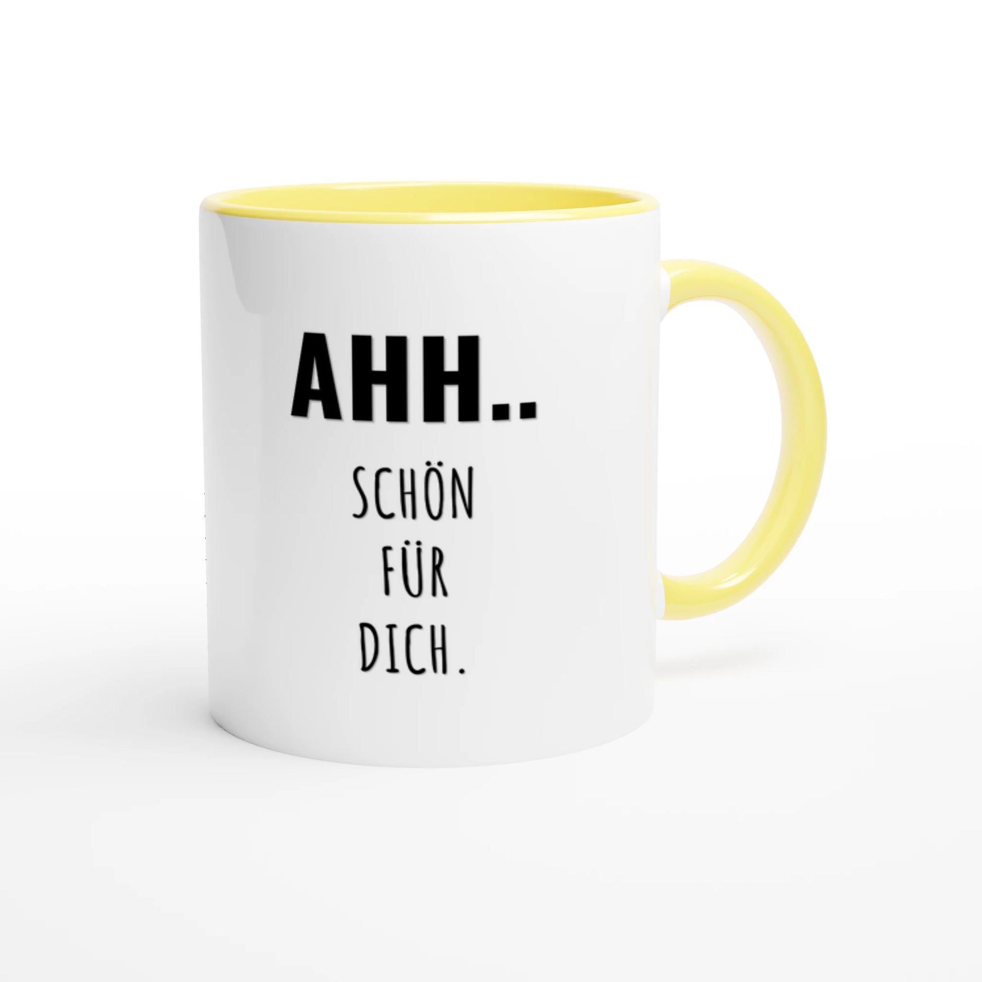 Zweifarbige Keramiktasse 325 ml mit Aufdruck "Ahh.. Schön für dich" in Gelb – Schreibtischtasse von Vollzeitfrust
