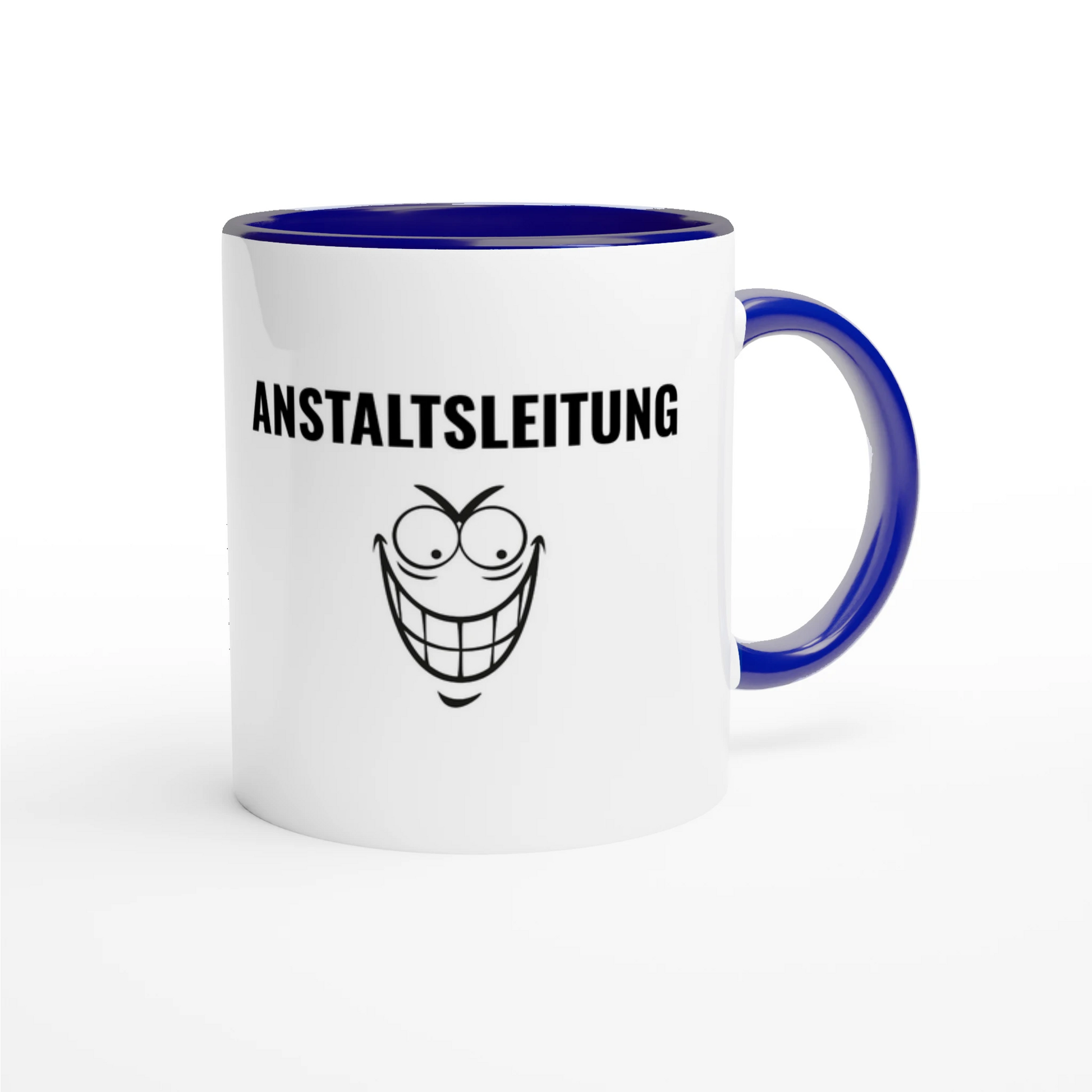 Zweifarbige Keramiktasse 325 ml mit Aufdruck "Anstaltsleitung" in Blau – Schreibtischtasse von Vollzeitfrust
