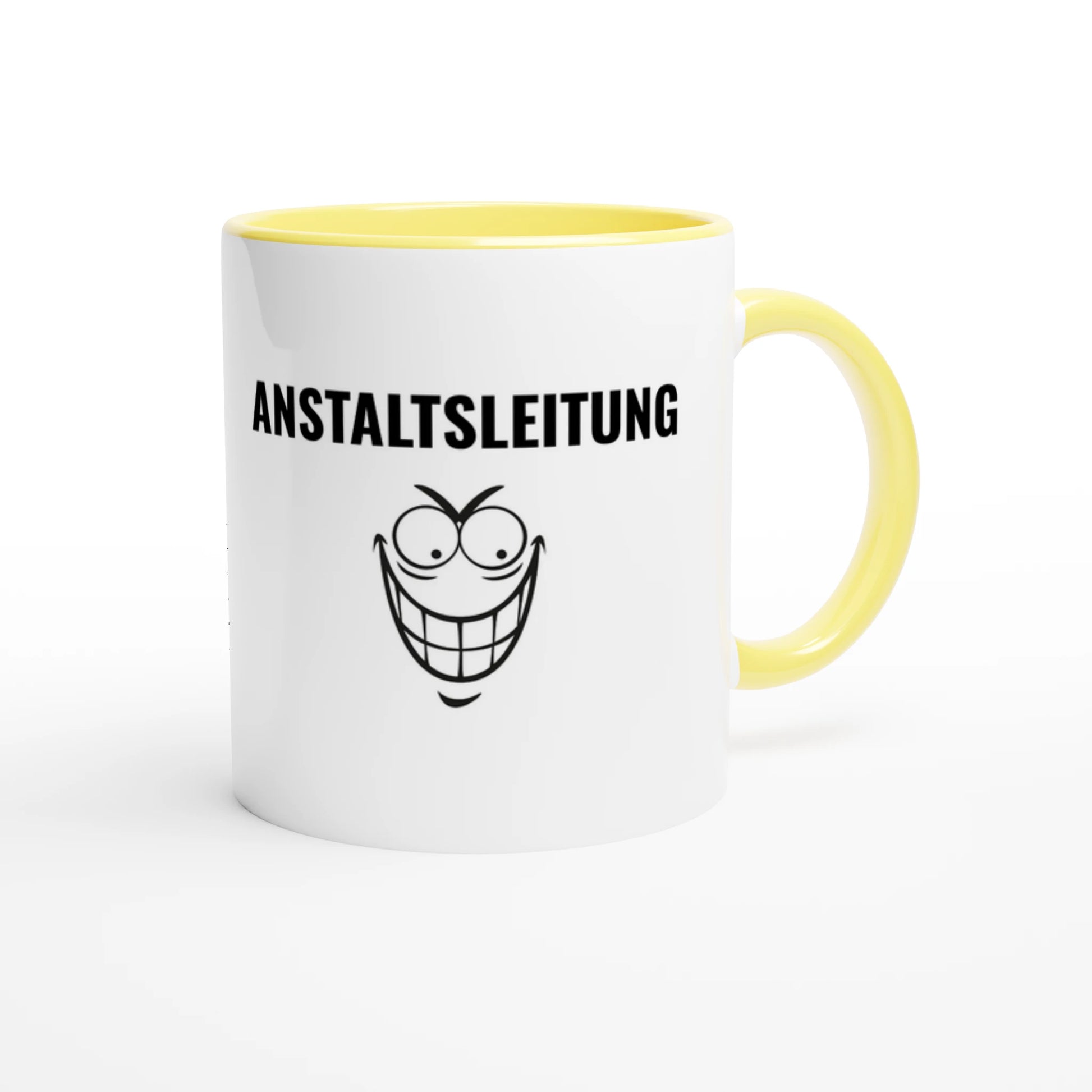 Zweifarbige Keramiktasse 325 ml mit Aufdruck "Anstaltsleitung" in Gelb – Schreibtischtasse von Vollzeitfrust
