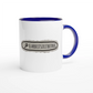 Zweifarbige Keramiktasse 325 ml mit Aufdruck "Arbeitszeitbetrug" in Blau – Schreibtischtasse von Vollzeitfrust
