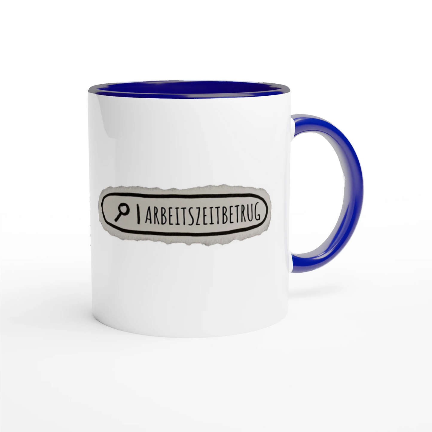 Zweifarbige Keramiktasse 325 ml mit Aufdruck "Arbeitszeitbetrug" in Blau – Schreibtischtasse von Vollzeitfrust
