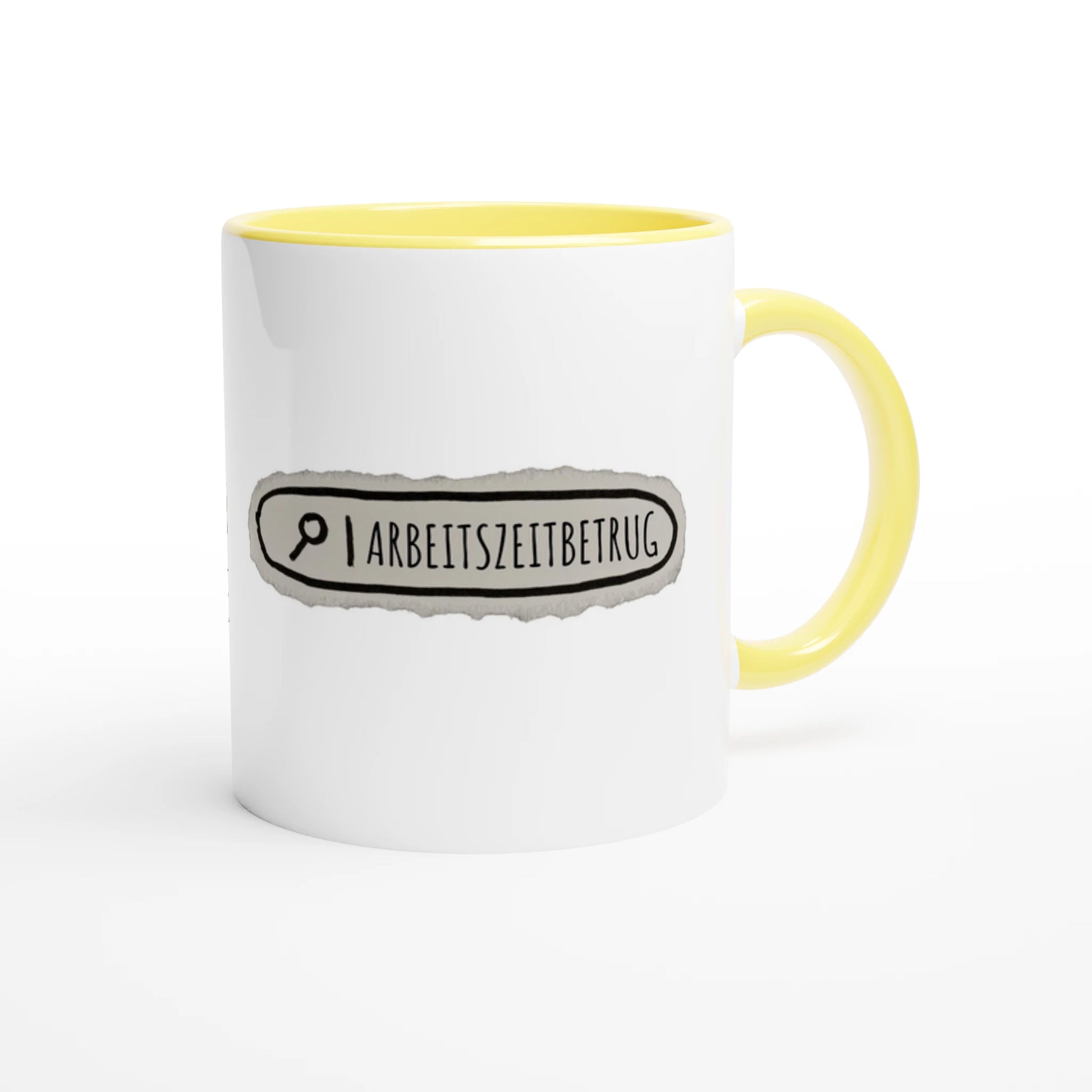 Zweifarbige Keramiktasse 325 ml mit Aufdruck "Arbeitszeitbetrug" in Gelb – Schreibtischtasse von Vollzeitfrust
