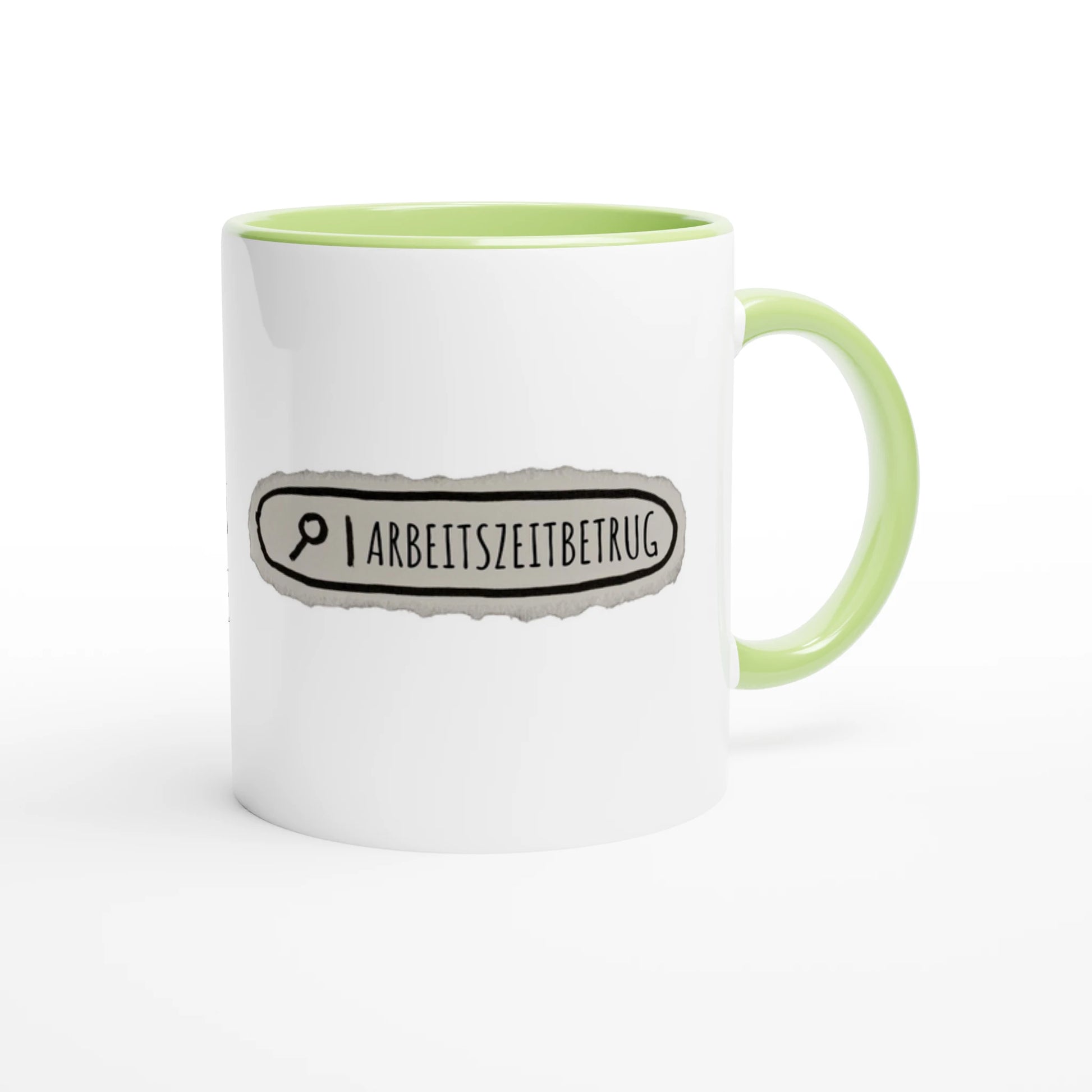 Zweifarbige Keramiktasse 325 ml mit Aufdruck "Arbeitszeitbetrug" in Grün – Schreibtischtasse von Vollzeitfrust
