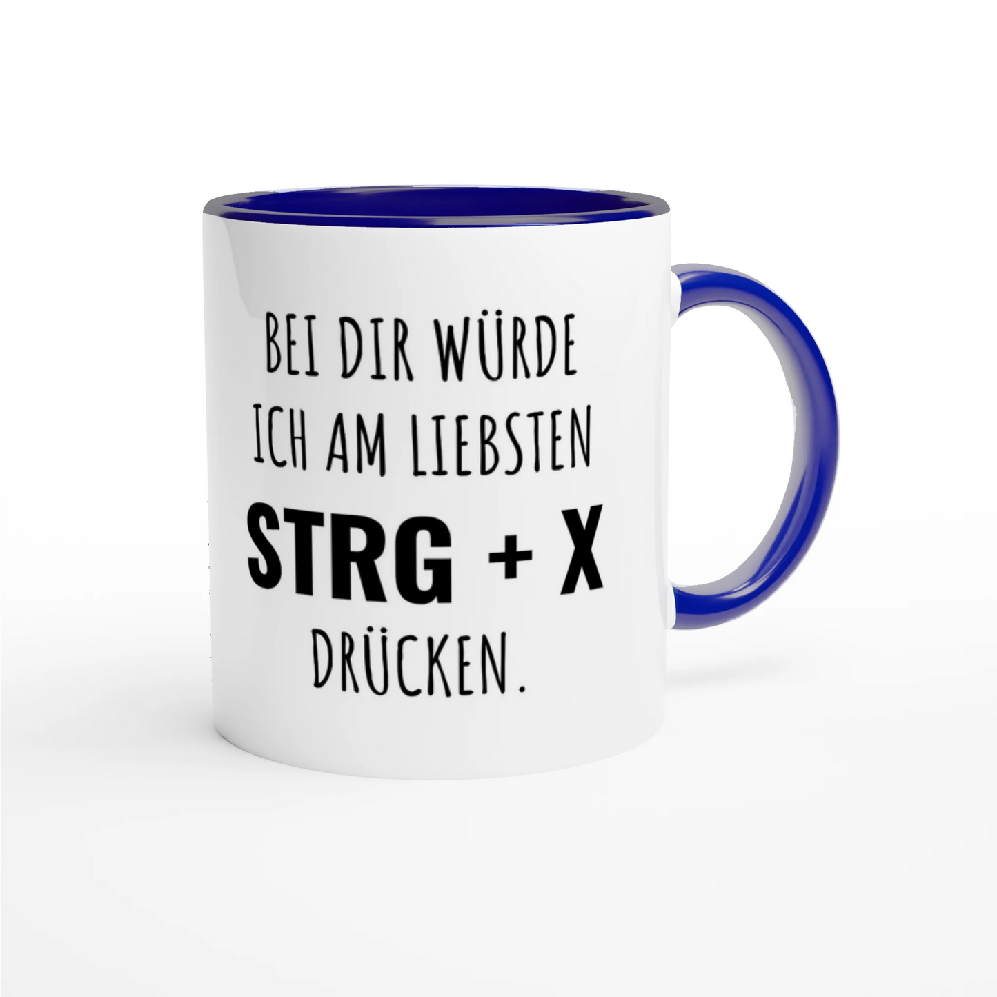 Zweifarbige Keramiktasse 325 ml mit Aufdruck "Bei dir würde ich am liebsten STRG + X drücken" in Blau – Schreibtischtasse von Vollzeitfrust
