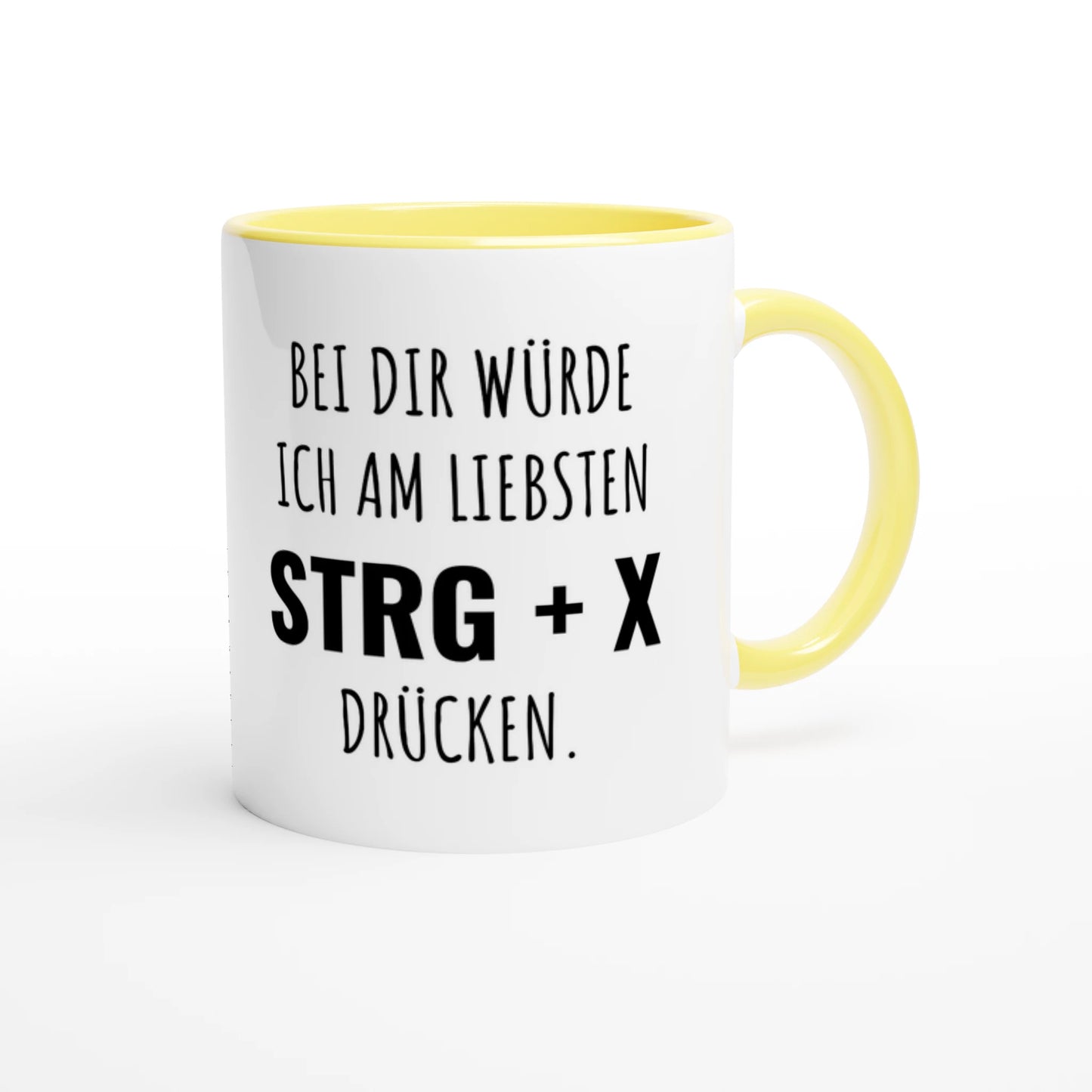 Zweifarbige Keramiktasse 325 ml mit Aufdruck "Bei dir würde ich am liebsten STRG + X drücken" in Gelb – Schreibtischtasse von Vollzeitfrust
