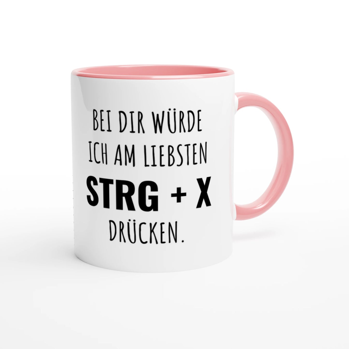 Zweifarbige Keramiktasse 325 ml mit Aufdruck "Bei dir würde ich am liebsten STRG + X drücken" in Rosa – Schreibtischtasse von Vollzeitfrust
