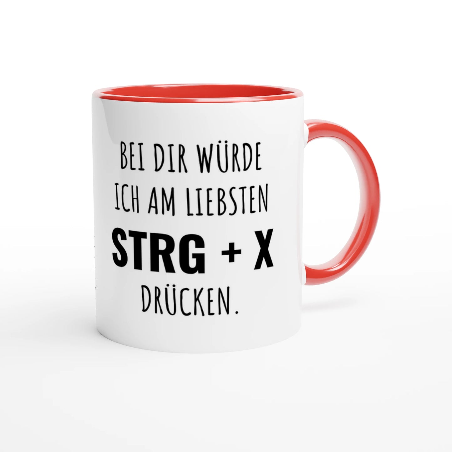 Zweifarbige Keramiktasse 325 ml mit Aufdruck "Bei dir würde ich am liebsten STRG + X drücken" in Rot – Schreibtischtasse von Vollzeitfrust
