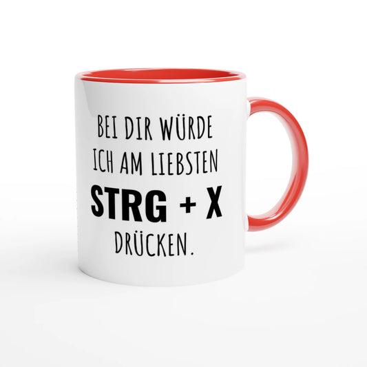 Zweifarbige Keramiktasse 325 ml mit Aufdruck "Bei dir würde ich am liebsten STRG + X drücken" in Rot – Schreibtischtasse von Vollzeitfrust
