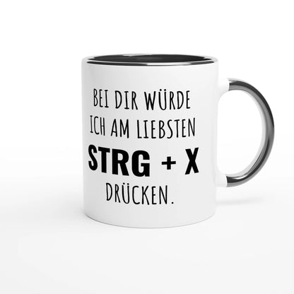 Zweifarbige Keramiktasse 325 ml mit Aufdruck "Bei dir würde ich am liebsten STRG + X drücken" in Schwarz – Schreibtischtasse von Vollzeitfrust
