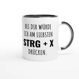 Zweifarbige Keramiktasse 325 ml mit Aufdruck "Bei dir würde ich am liebsten STRG + X drücken" in Schwarz – Schreibtischtasse von Vollzeitfrust
