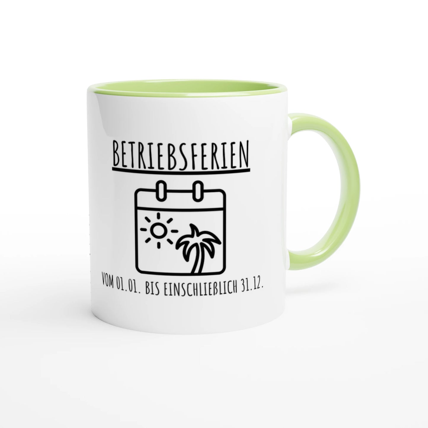 Zweifarbige Keramiktasse 325 ml mit Aufdruck "Betriebsferien" in Grün – Schreibtischtasse von Vollzeitfrust
