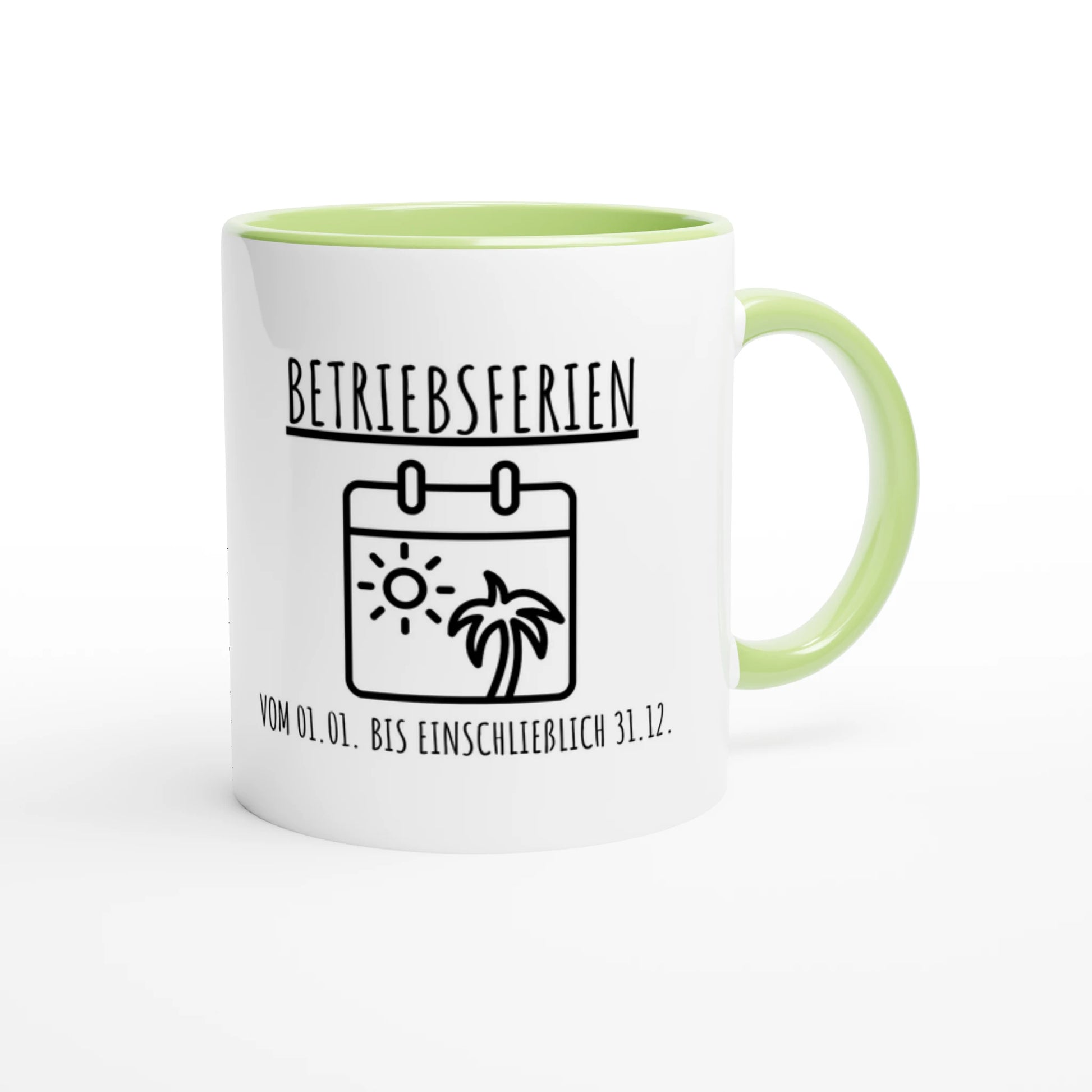 Zweifarbige Keramiktasse 325 ml mit Aufdruck "Betriebsferien" in Grün – Schreibtischtasse von Vollzeitfrust
