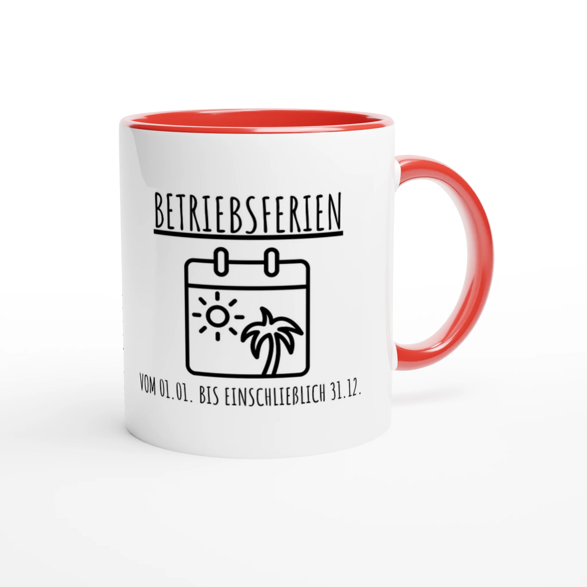 Zweifarbige Keramiktasse 325 ml mit Aufdruck "Betriebsferien" in Rot – Schreibtischtasse von Vollzeitfrust
