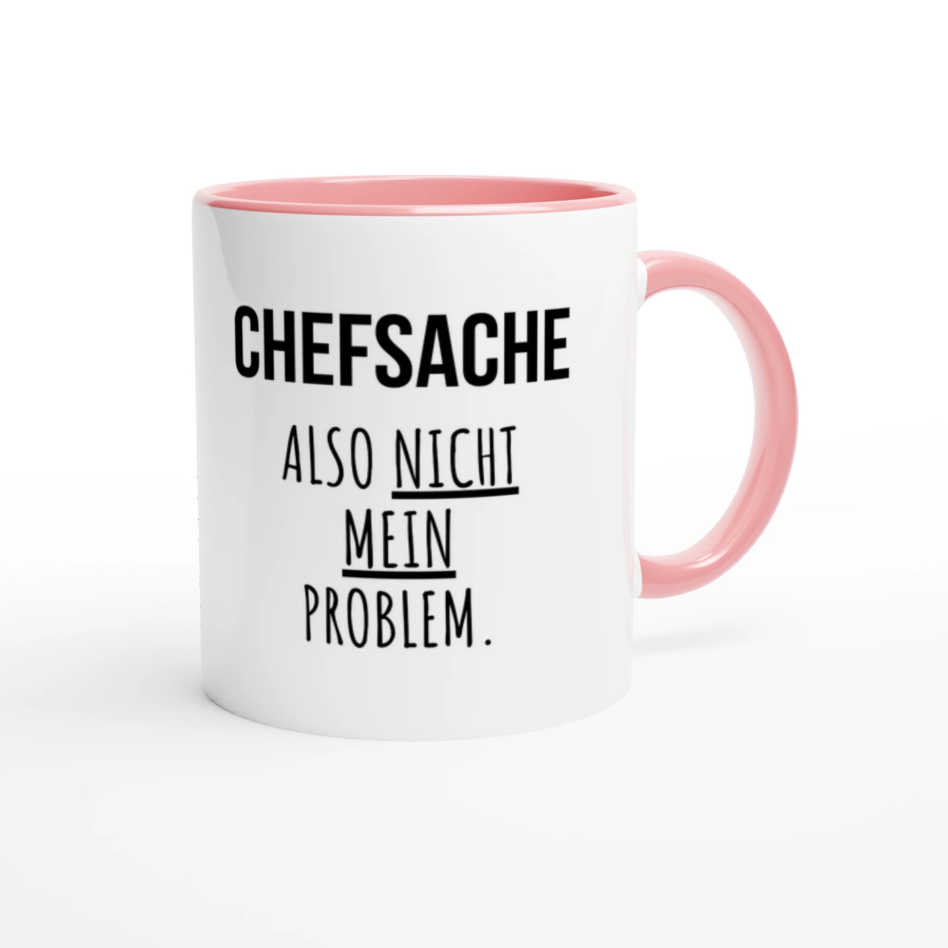 Zweifarbige Keramiktasse 325 ml mit Aufdruck "Chefsache. Also nicht mein Problem" in Rosa – Schreibtischtasse von Vollzeitfrust
