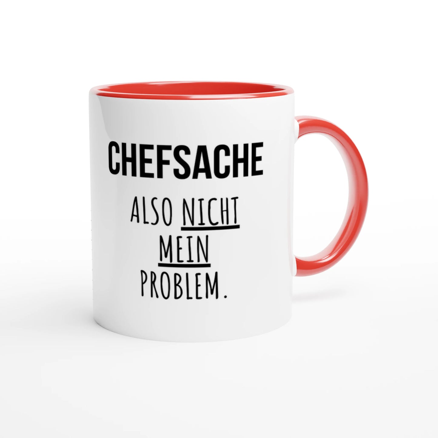 Zweifarbige Keramiktasse 325 ml mit Aufdruck "Chefsache. Also nicht mein Problem" in Rot – Schreibtischtasse von Vollzeitfrust
