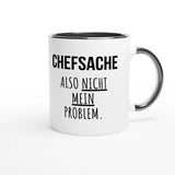 Zweifarbige Keramiktasse 325 ml mit Aufdruck "Chefsache. Also nicht mein Problem" in Schwarz – Schreibtischtasse von Vollzeitfrust
