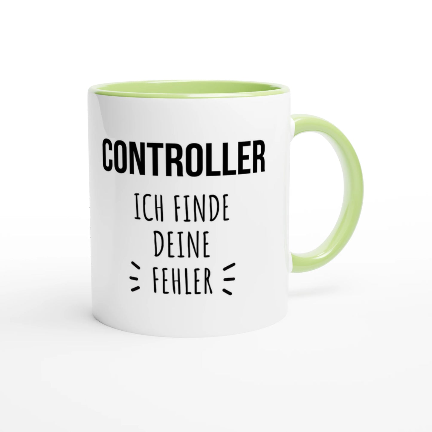 Zweifarbige Keramiktasse 325 ml mit Aufdruck "Controller – Ich finde deine Fehler" in Grün – Schreibtischtasse von Vollzeitfrust
