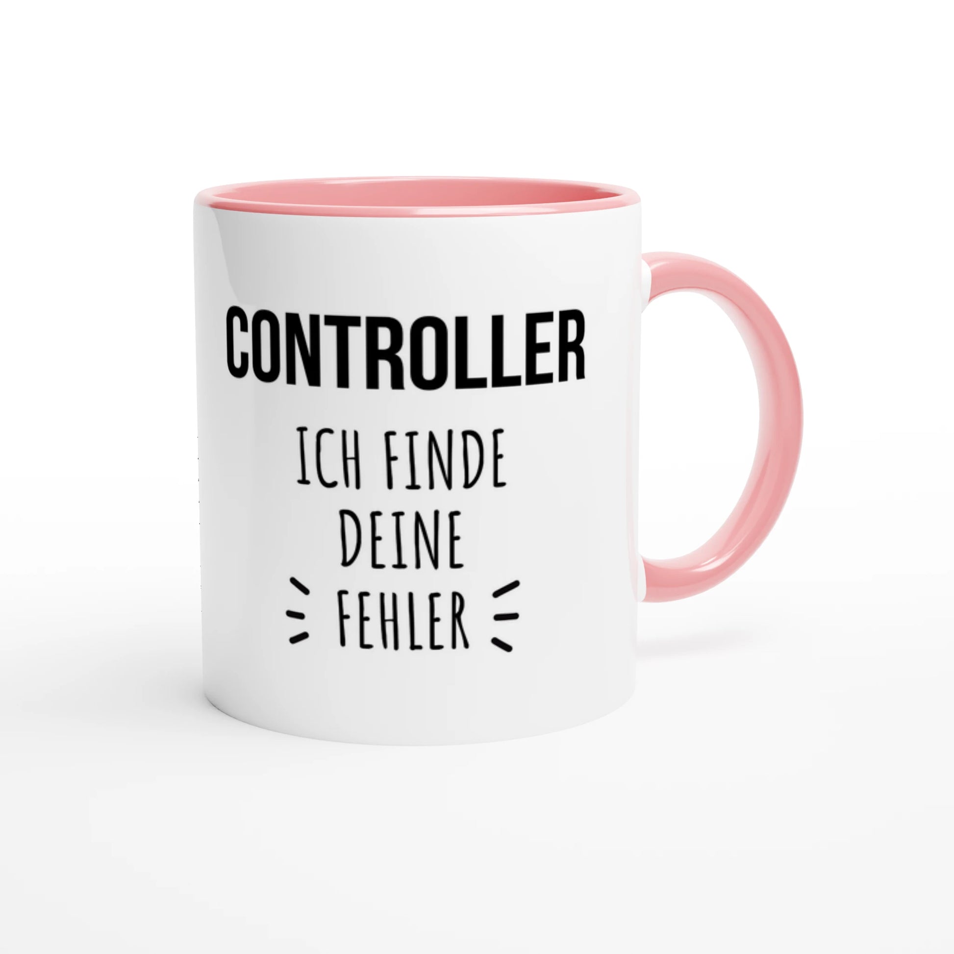 Zweifarbige Keramiktasse 325 ml mit Aufdruck "Controller – Ich finde deine Fehler" in Rosa – Schreibtischtasse von Vollzeitfrust
