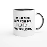 Zweifarbige Keramiktasse 325 ml mit Aufdruck "Da hat sich jetzt wohl der Fehlerteufel eingeschlichen" in Schwarz – Schreibtischtasse von Vollzeitfrust
