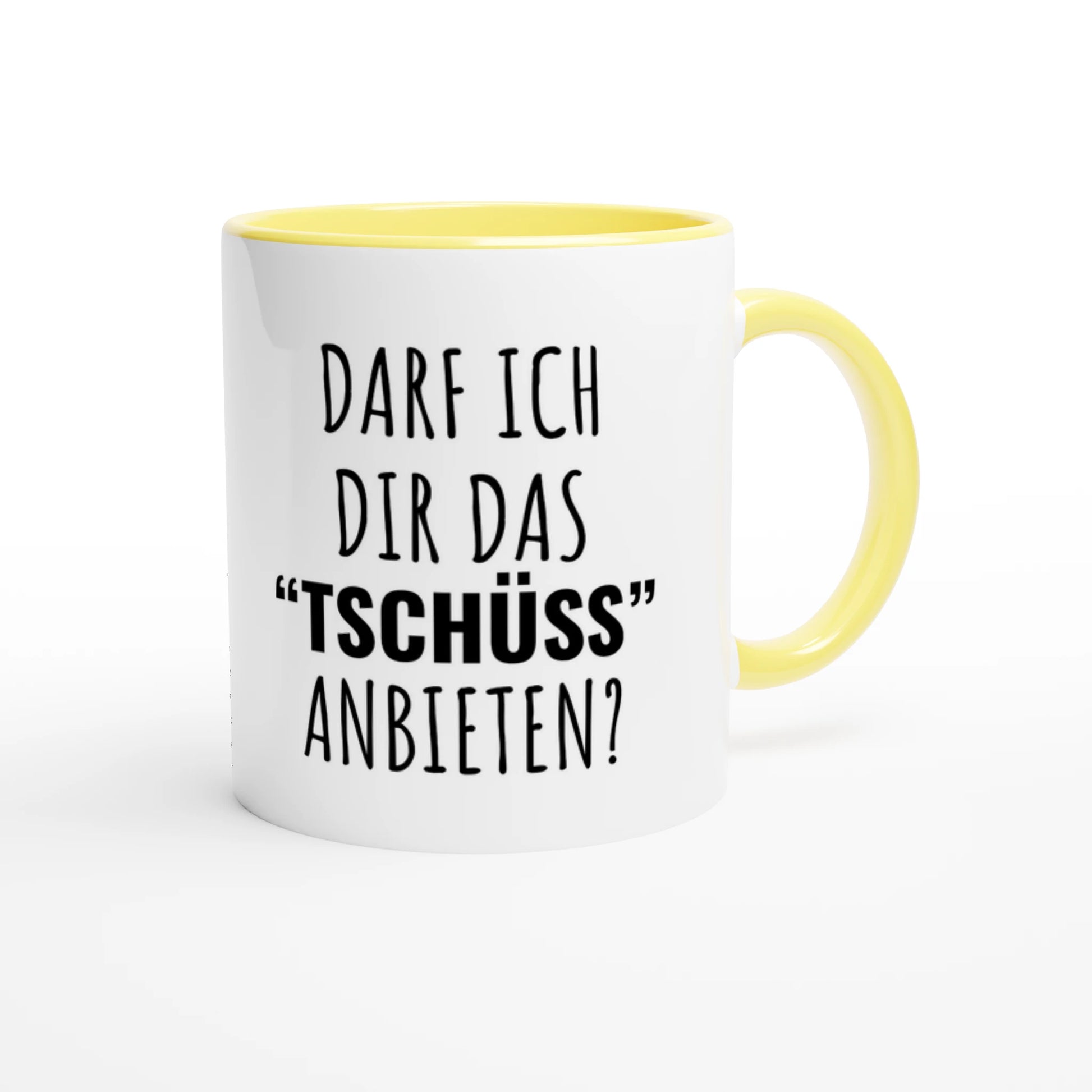 Zweifarbige Keramiktasse 325 ml mit Aufdruck "Darf ich dir das 'Tschüss' anbieten?" in Gelb – Schreibtischtasse von Vollzeitfrust
