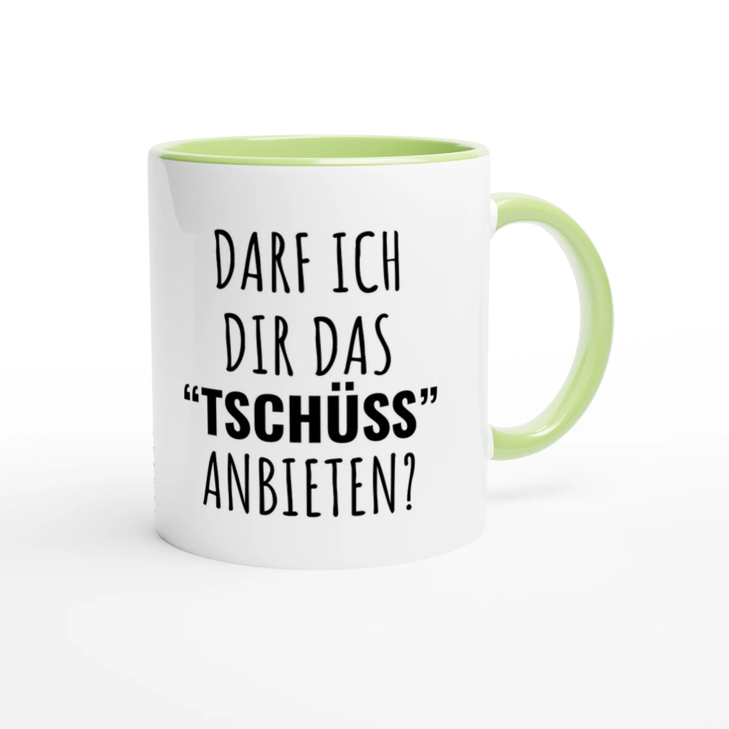 Zweifarbige Keramiktasse 325 ml mit Aufdruck "Darf ich dir das 'Tschüss' anbieten?" in Grün – Schreibtischtasse von Vollzeitfrust
