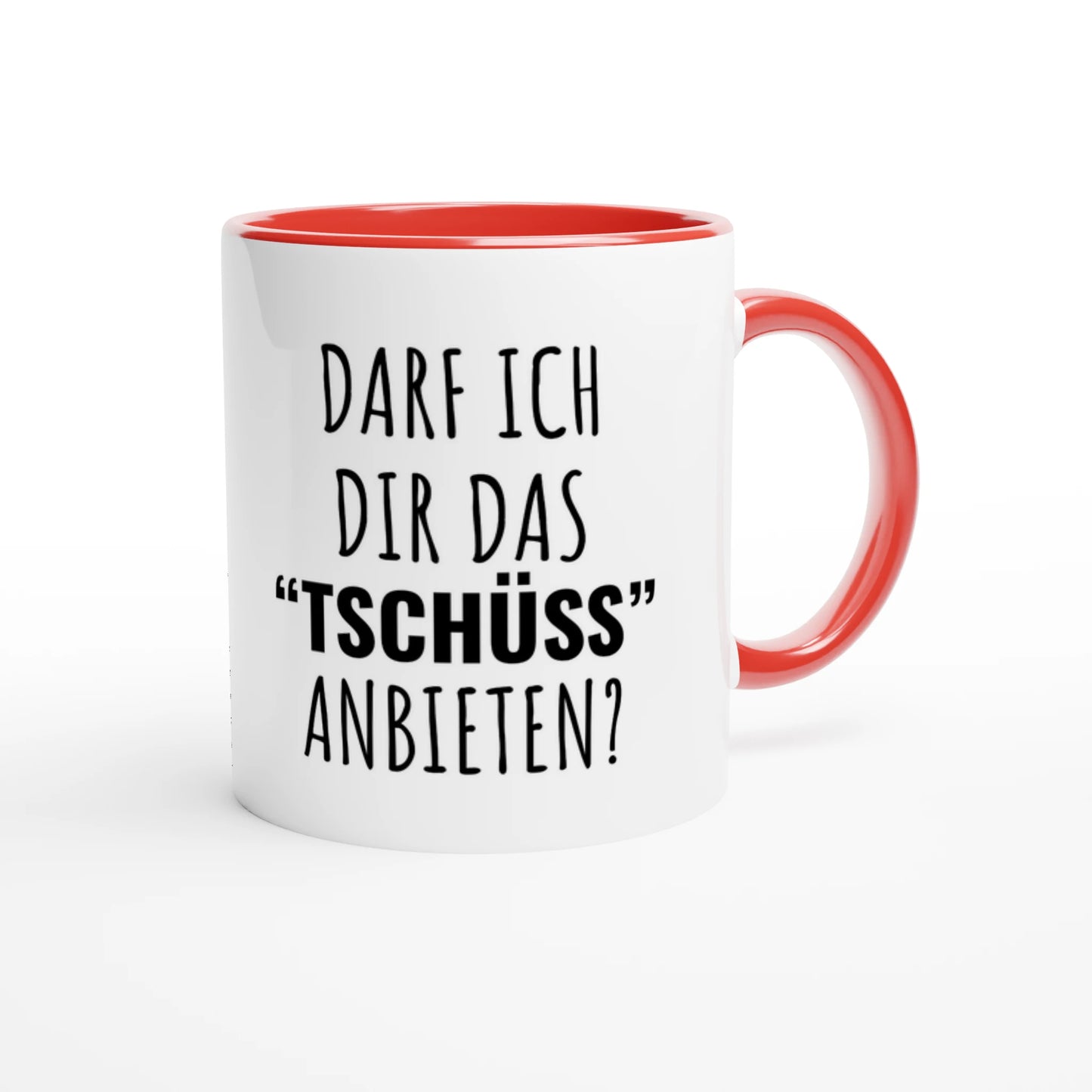 Zweifarbige Keramiktasse 325 ml mit Aufdruck "Darf ich dir das 'Tschüss' anbieten?" in Rot – Schreibtischtasse von Vollzeitfrust
