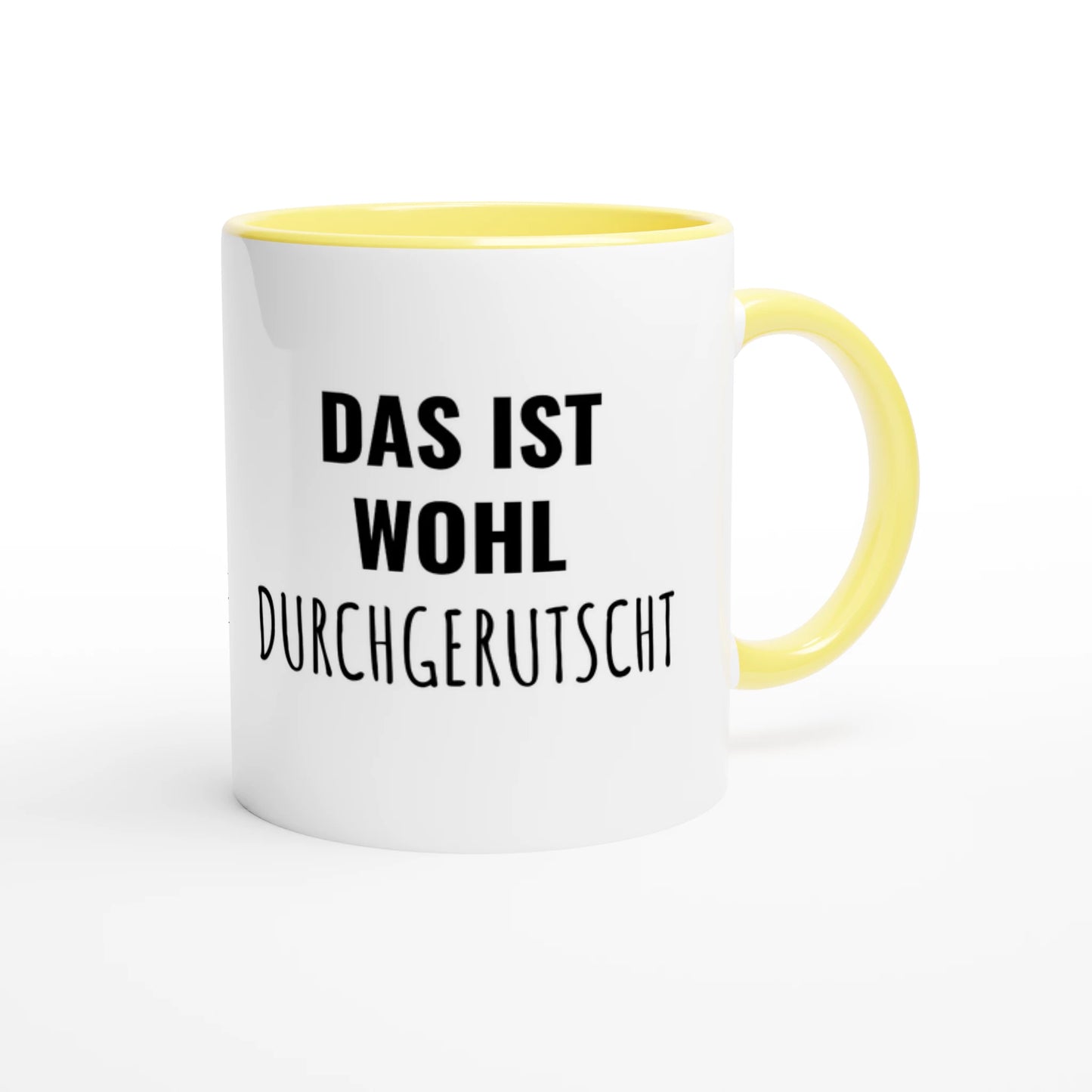 Zweifarbige Keramiktasse 325 ml mit Aufdruck "Das ist wohl durchgerutscht" in Gelb – Schreibtischtasse von Vollzeitfrust
