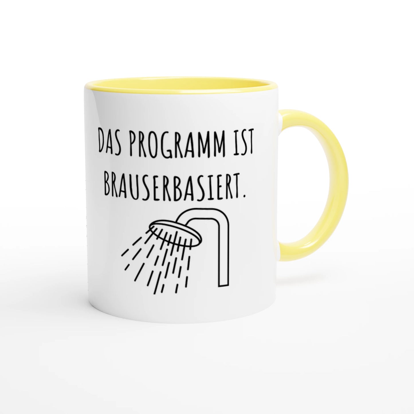 Zweifarbige Keramiktasse 325 ml mit Aufdruck "Das Programm ist brauserbasiert" in Gelb – Schreibtischtasse von Vollzeitfrust
