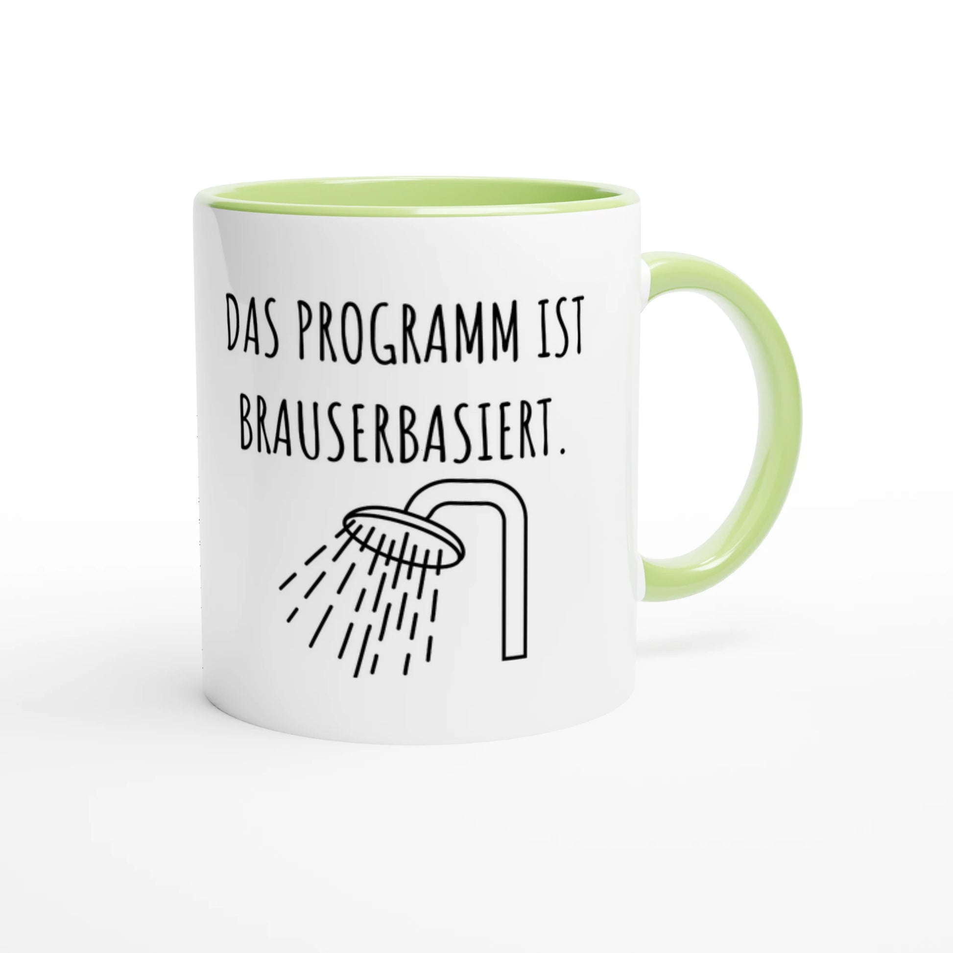 Zweifarbige Keramiktasse 325 ml mit Aufdruck "Das Programm ist brauserbasiert" in Grün – Schreibtischtasse von Vollzeitfrust
