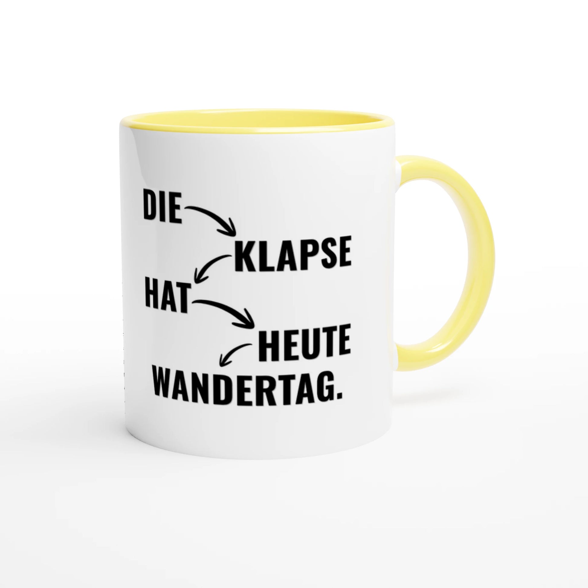 Zweifarbige Keramiktasse 325 ml mit Aufdruck "Die Klapse hat heute Wandertag" in Gelb – Schreibtischtasse von Vollzeitfrust
