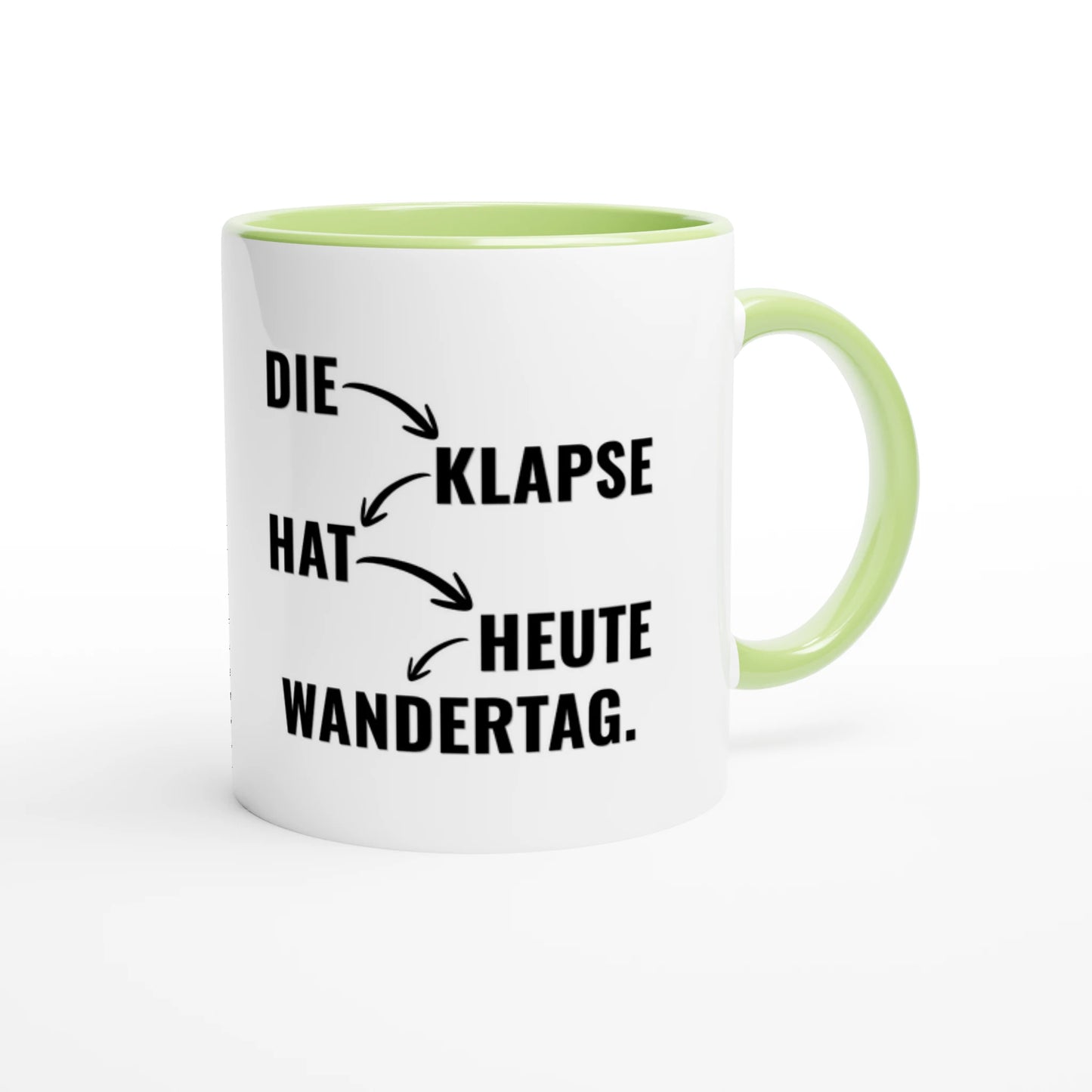 Zweifarbige Keramiktasse 325 ml mit Aufdruck "Die Klapse hat heute Wandertag" in Grün – Schreibtischtasse von Vollzeitfrust
