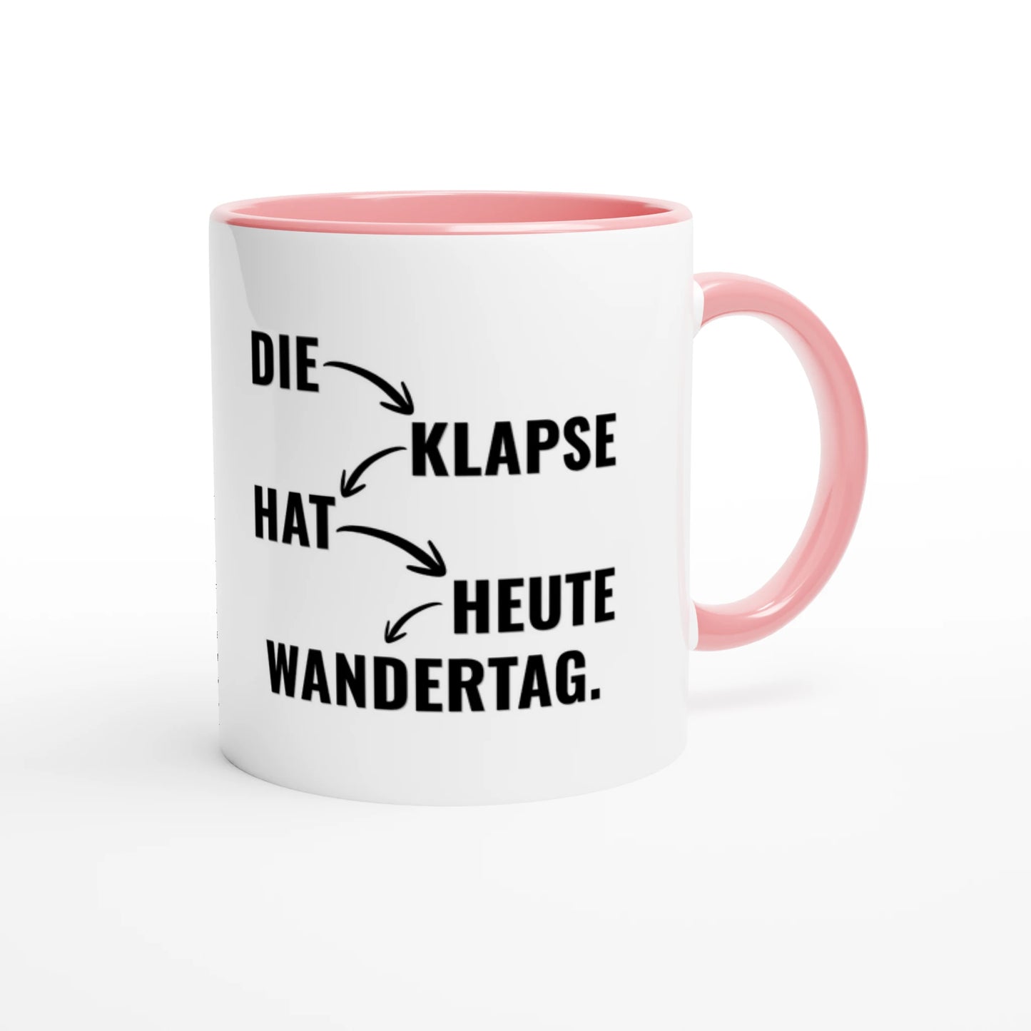Zweifarbige Keramiktasse 325 ml mit Aufdruck "Die Klapse hat heute Wandertag" in Rosa – Schreibtischtasse von Vollzeitfrust

