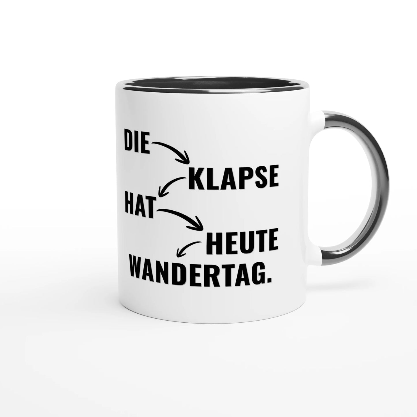 Zweifarbige Keramiktasse 325 ml mit Aufdruck "Die Klapse hat heute Wandertag" in Schwarz – Schreibtischtasse von Vollzeitfrust
