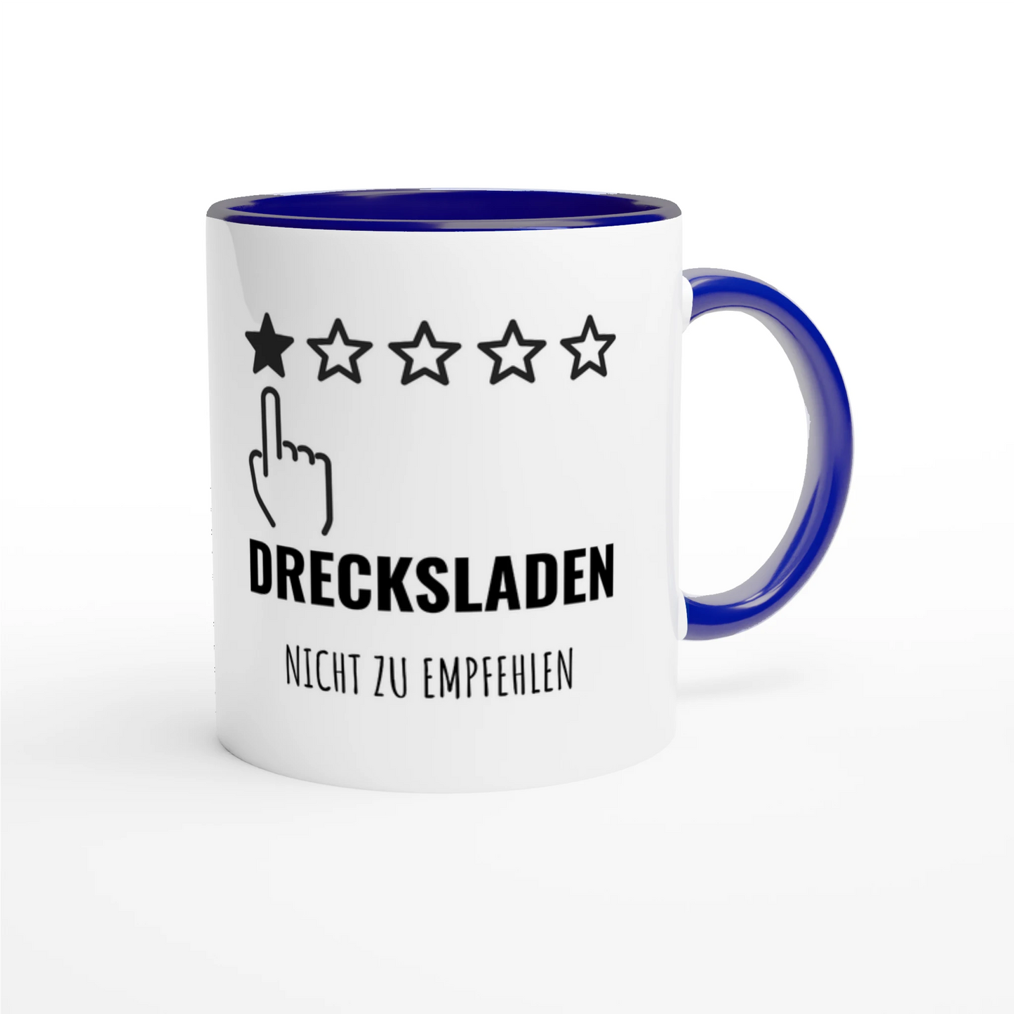 Zweifarbige Keramiktasse 325 ml mit Aufdruck "Drecksladen. Nicht zu empfehlen" in Blau – Schreibtischtasse von Vollzeitfrust
