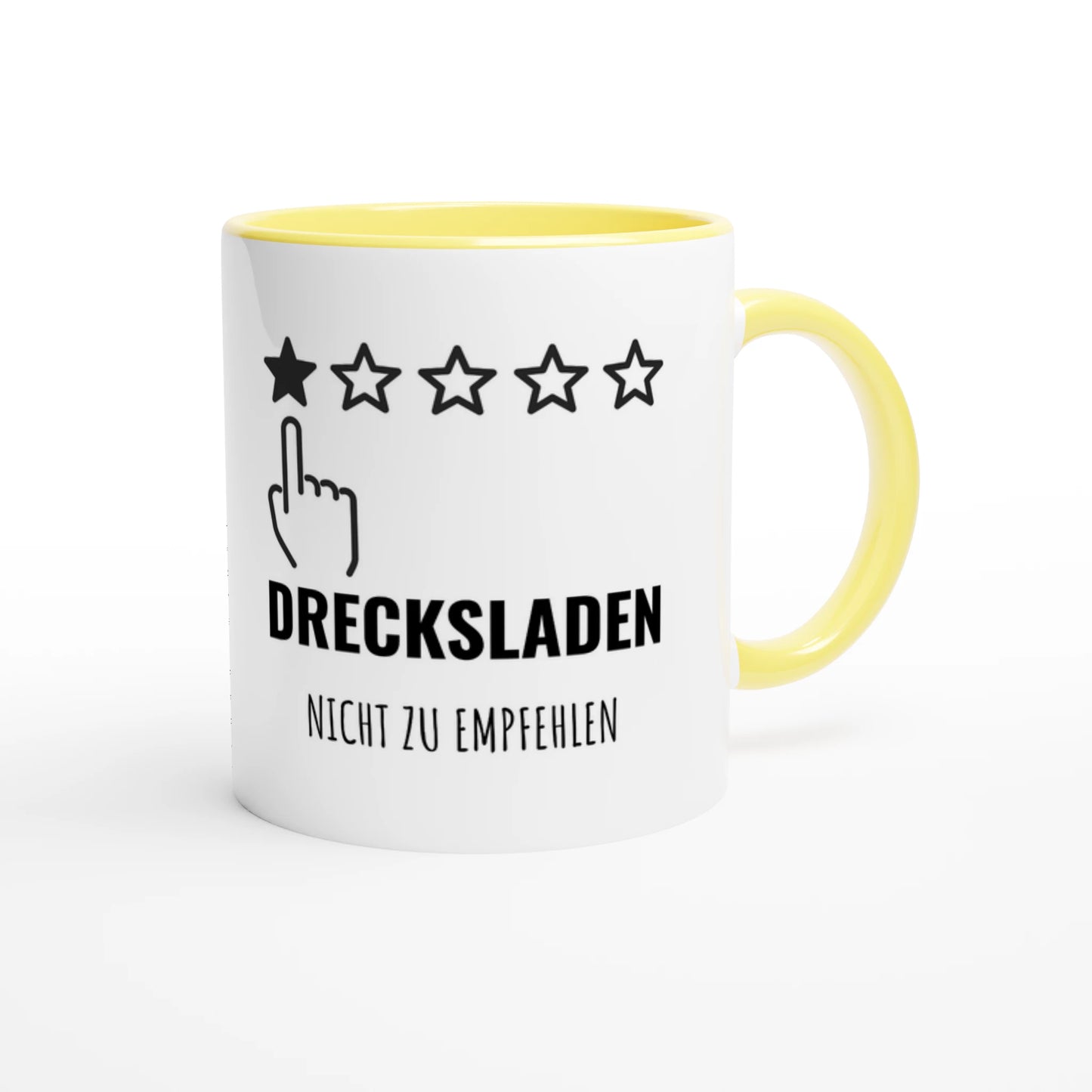 Zweifarbige Keramiktasse 325 ml mit Aufdruck "Drecksladen. Nicht zu empfehlen" in Gelb – Schreibtischtasse von Vollzeitfrust
