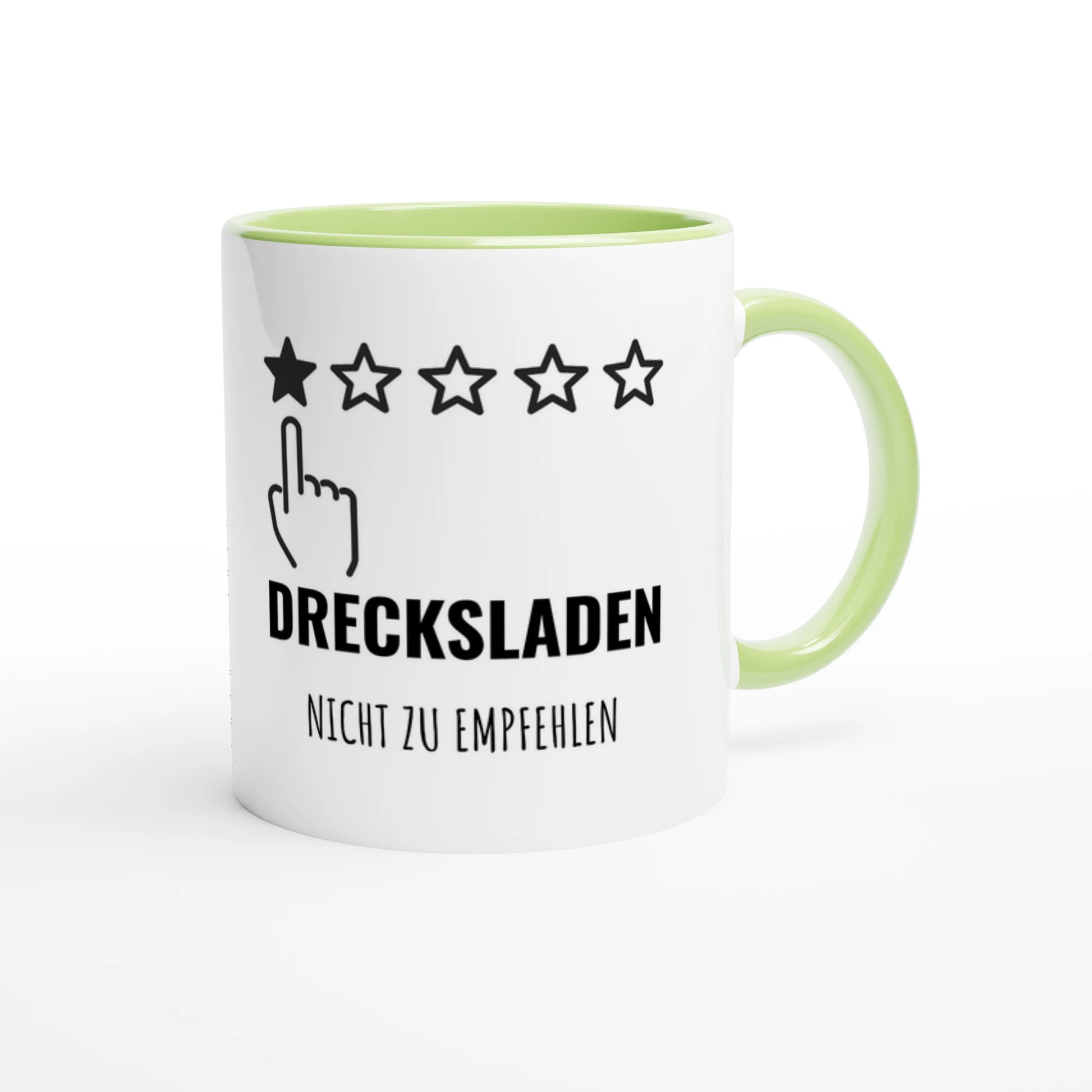 Zweifarbige Keramiktasse 325 ml mit Aufdruck "Drecksladen. Nicht zu empfehlen" in Grün – Schreibtischtasse von Vollzeitfrust
