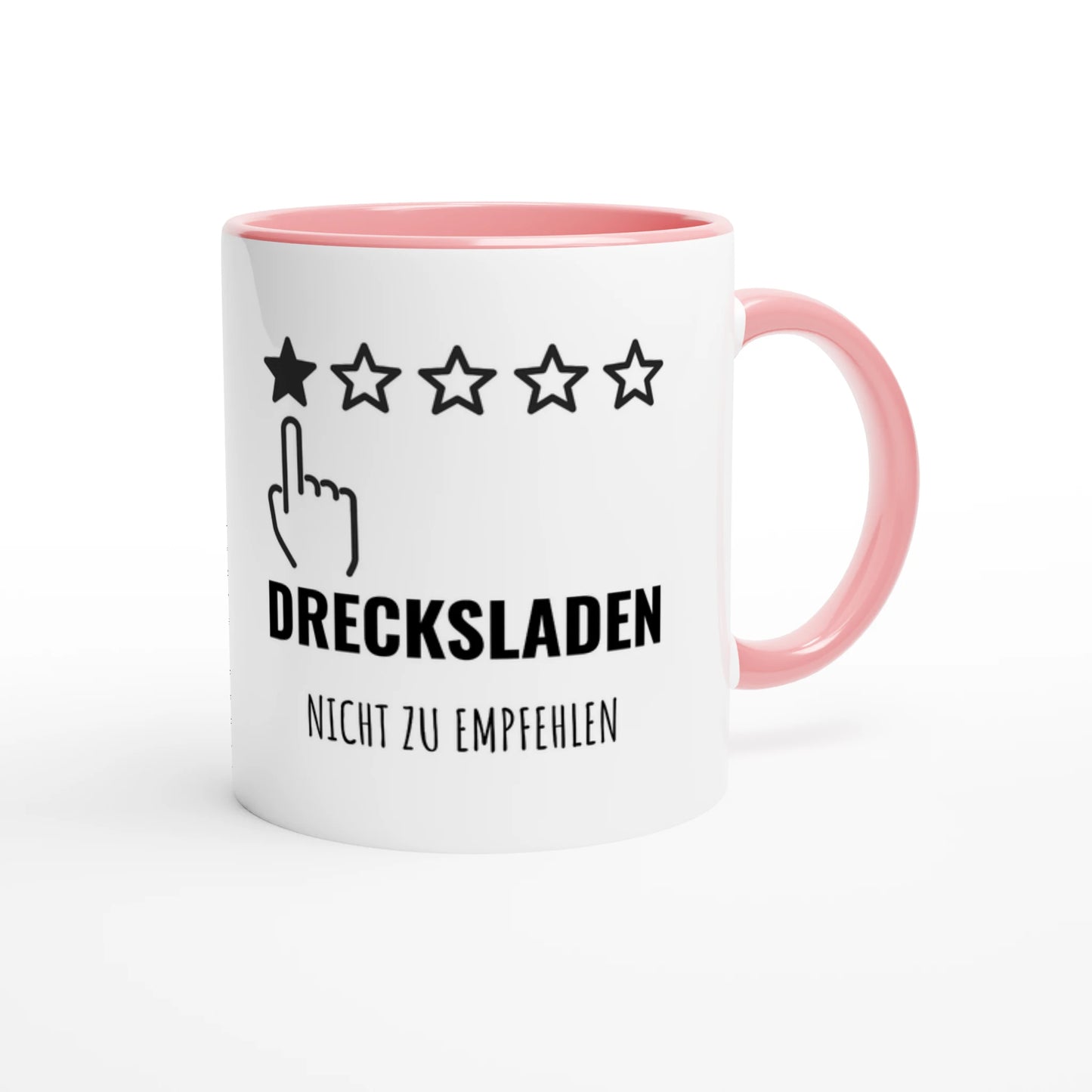 Zweifarbige Keramiktasse 325 ml mit Aufdruck "Drecksladen. Nicht zu empfehlen" in Rosa – Schreibtischtasse von Vollzeitfrust
