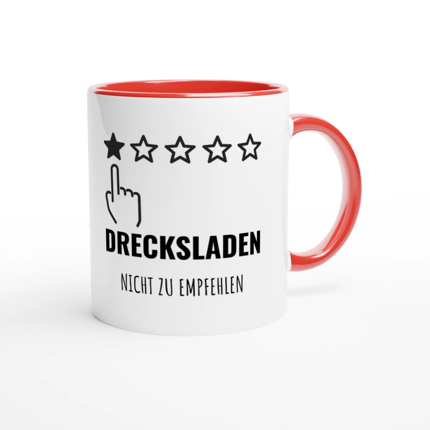 Zweifarbige Keramiktasse 325 ml mit Aufdruck "Drecksladen. Nicht zu empfehlen" in Rot – Schreibtischtasse von Vollzeitfrust
