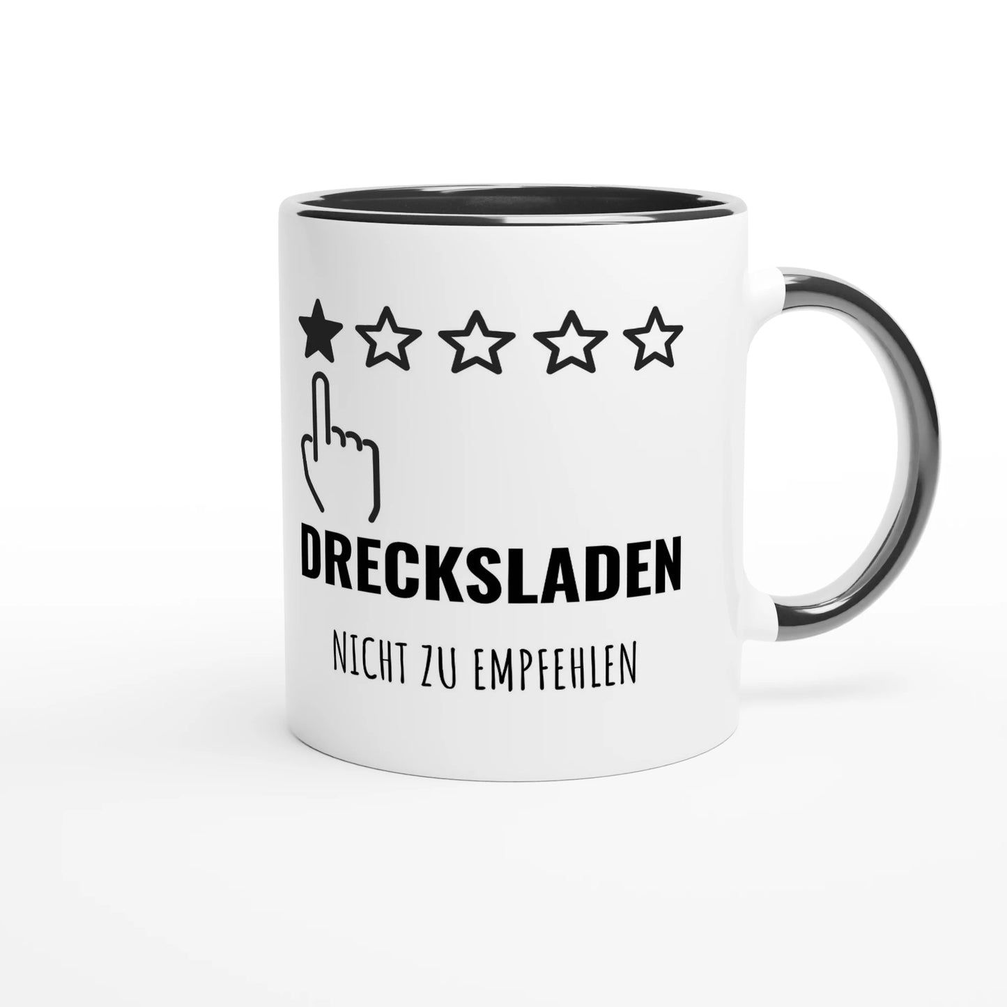 Zweifarbige Keramiktasse 325 ml mit Aufdruck "Drecksladen. Nicht zu empfehlen" in Schwarz – Schreibtischtasse von Vollzeitfrust
